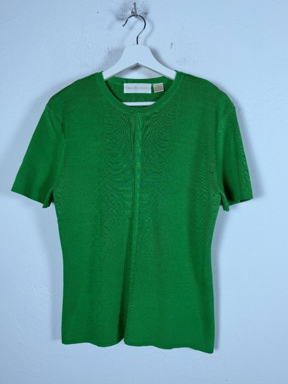 Dana Buchman Womens Green Silk Knit Crew Neck Short Sleeve Sweater Top Large